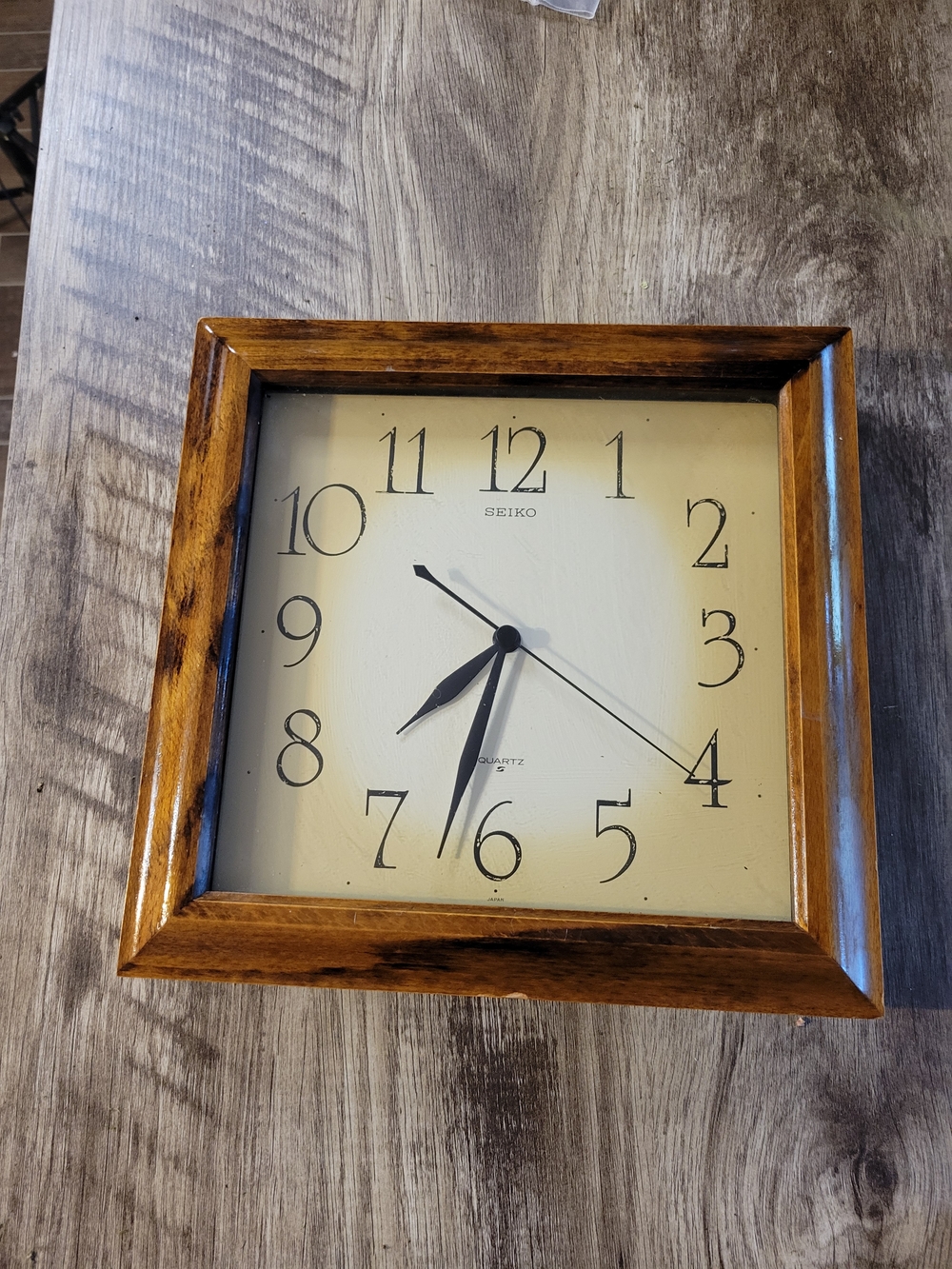 Seiko Square Wall Clock in Cream and Brown Wood Frame